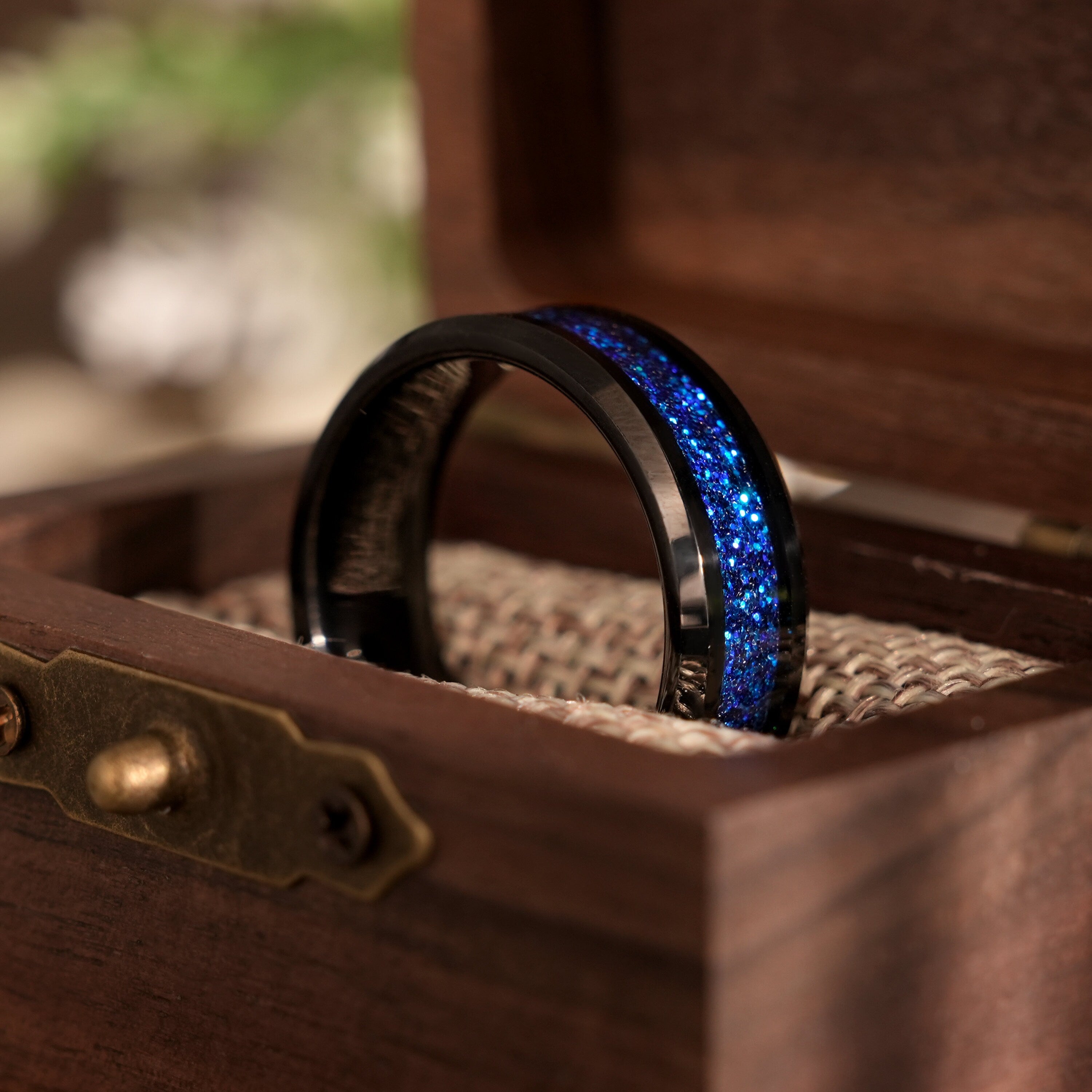 Black Nebula Tungsten Ring with Blue Sandstone Space Galaxy Design - anerjuly