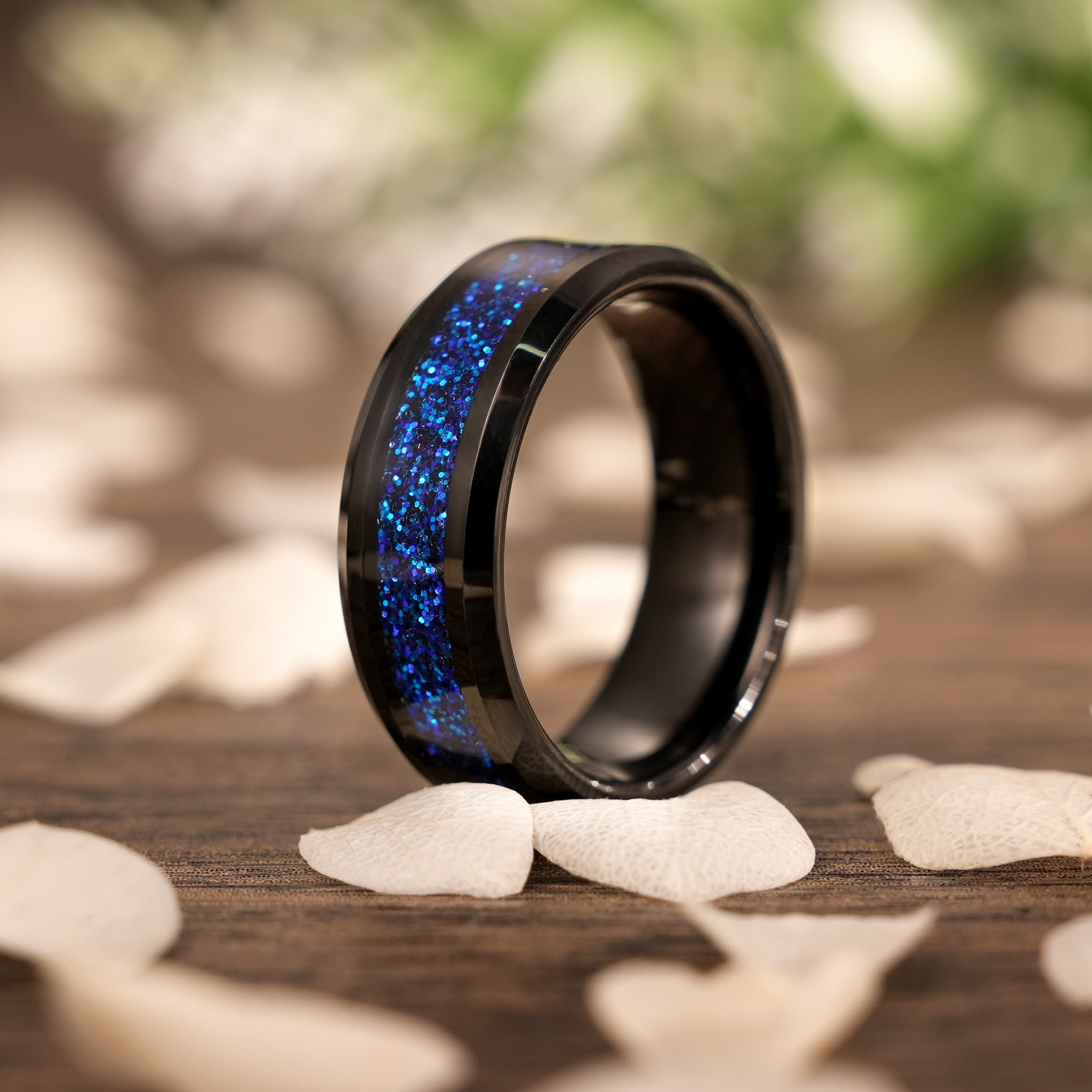 Black Nebula Tungsten Ring with Blue Sandstone Space Galaxy Design - anerjuly