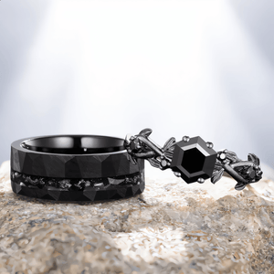 Black Onyx Couple Ring Set His and Her Vintage Art Deco Engagement Ring - anerjuly