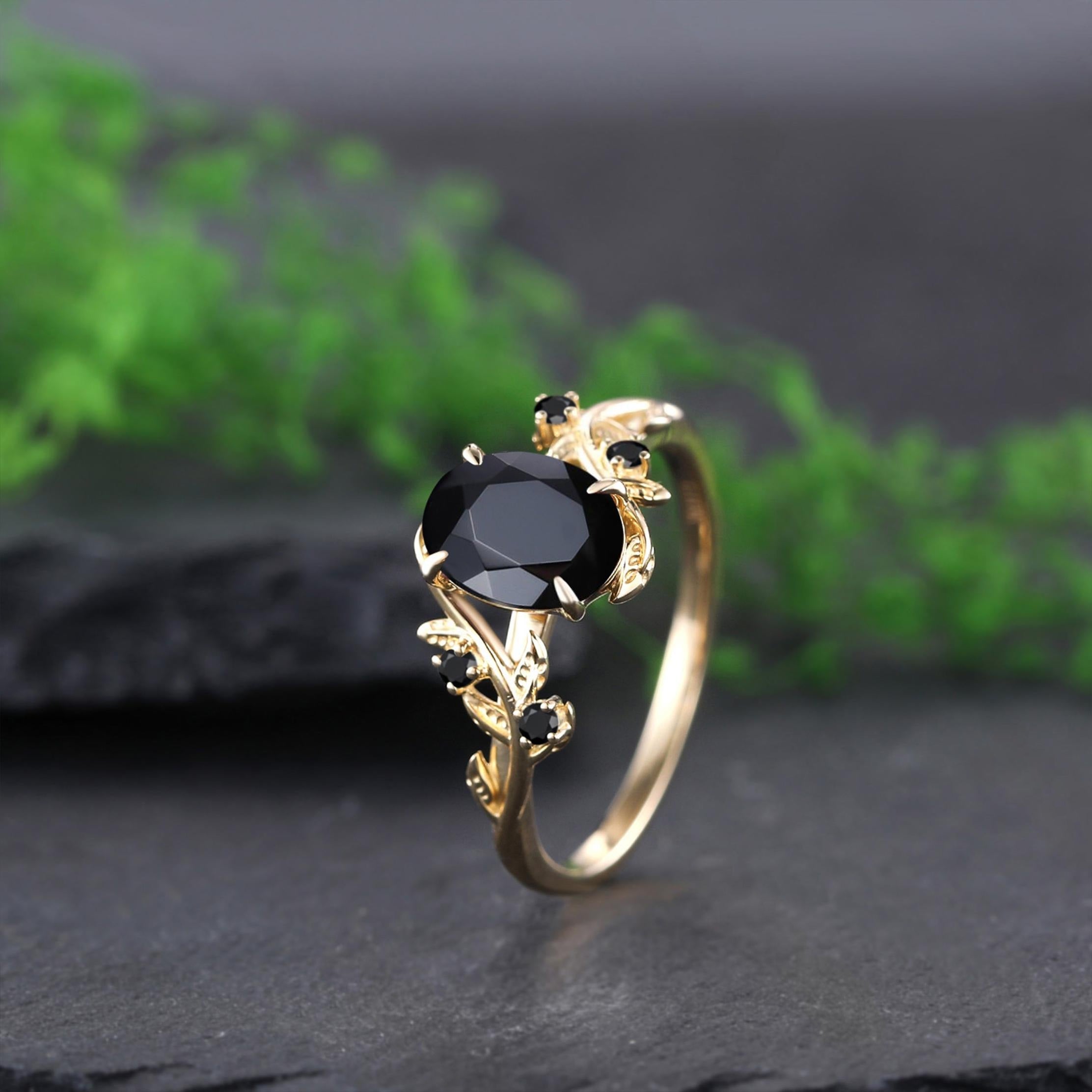 Black Onyx Couple Ring Set Wedding Band Vintage Art Deco Engagement Ring matching rings - anerjuly