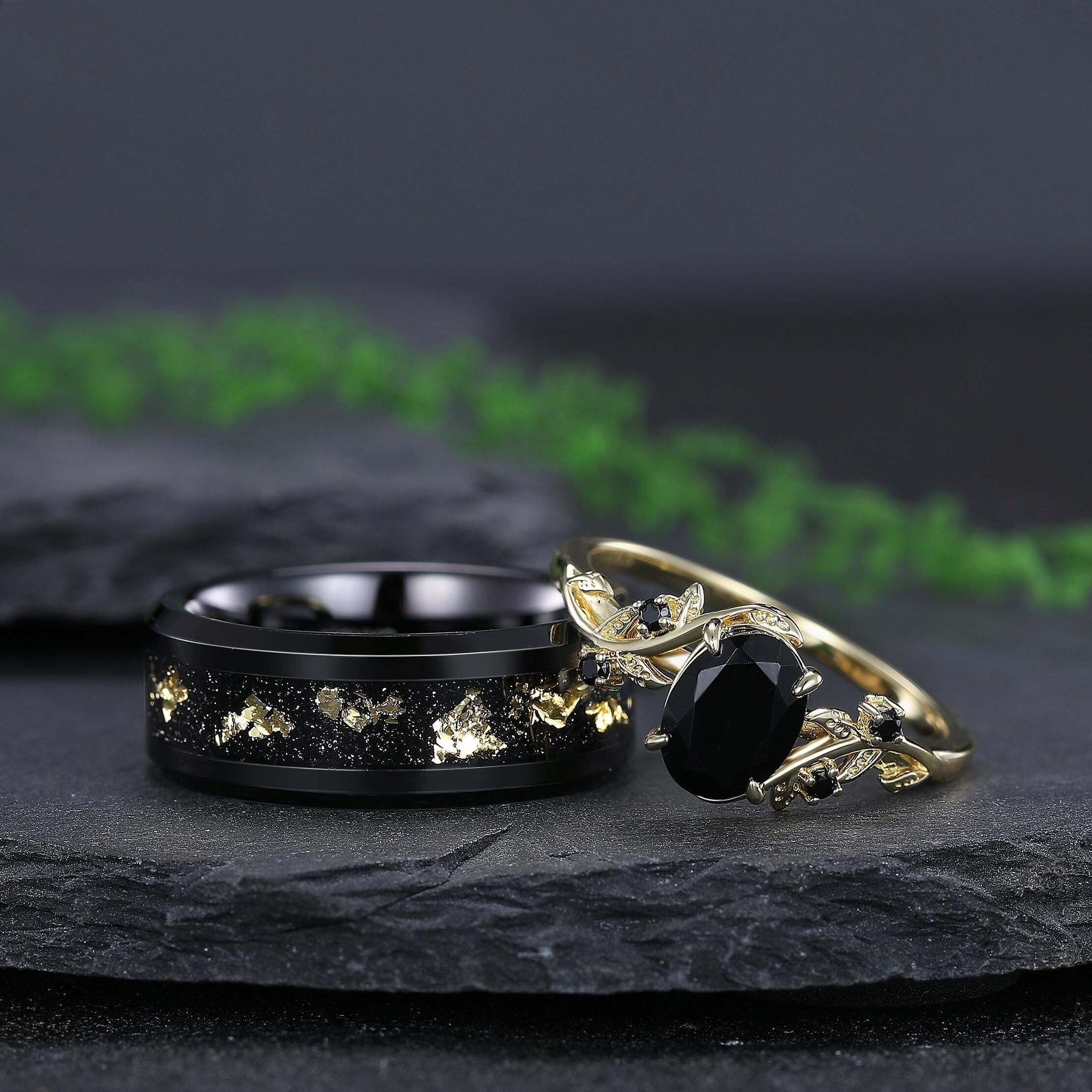 Black Onyx Couple Ring Set Wedding Band Vintage Art Deco Engagement Ring matching rings - anerjuly