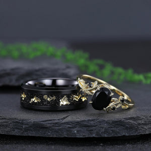 Black Onyx Couple Ring Set Wedding Band Vintage Art Deco Engagement Ring matching rings - anerjuly