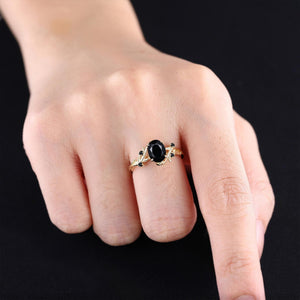 Black Onyx Couple Ring Set Wedding Band Vintage Art Deco Engagement Ring matching rings - anerjuly