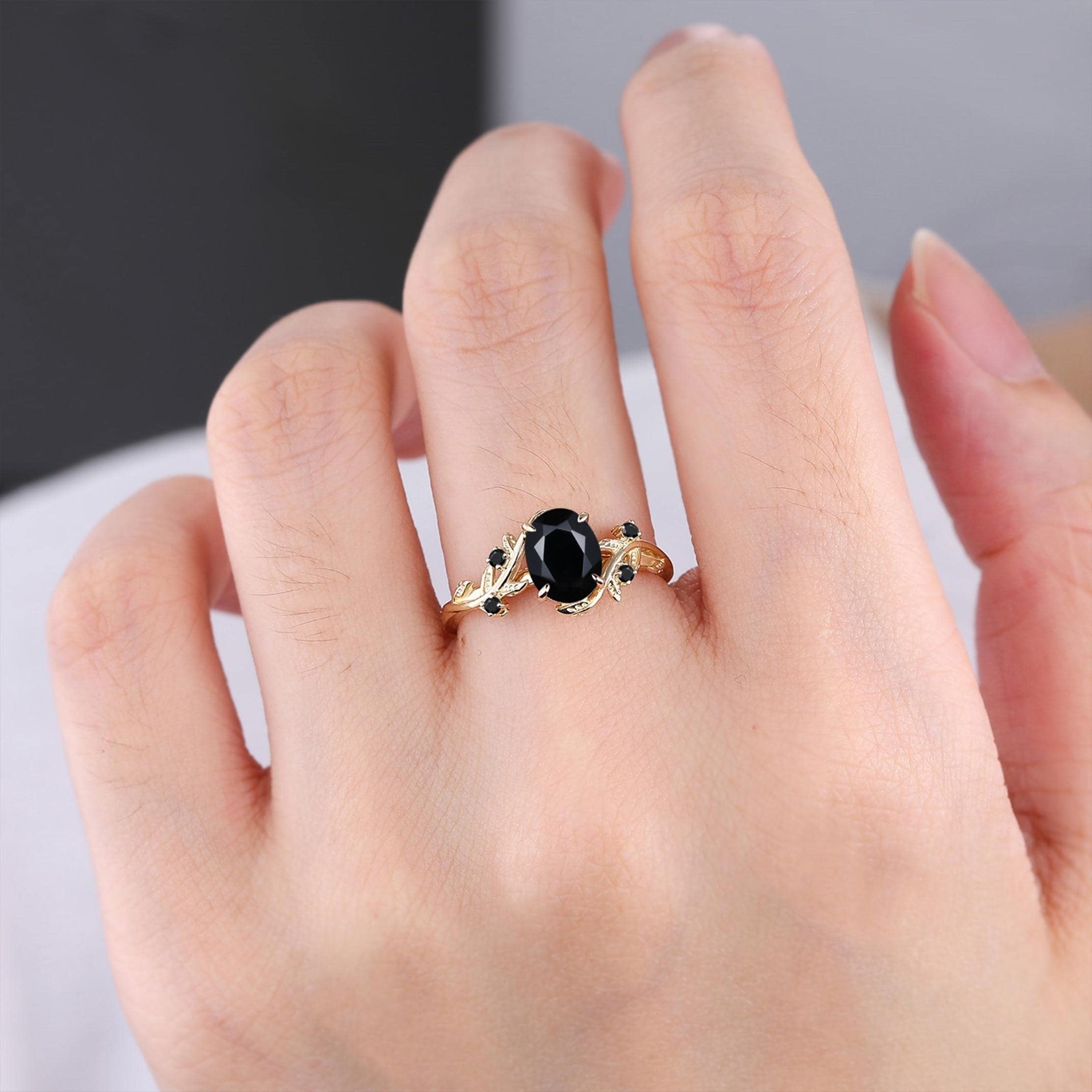 Black Onyx Couple Ring Set Wedding Band Vintage Art Deco Engagement Ring matching rings - anerjuly
