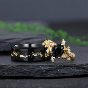 Black Onyx Couple Ring Set Yellow Gold Vintage Art Deco Engagement Ring matching rings - anerjuly