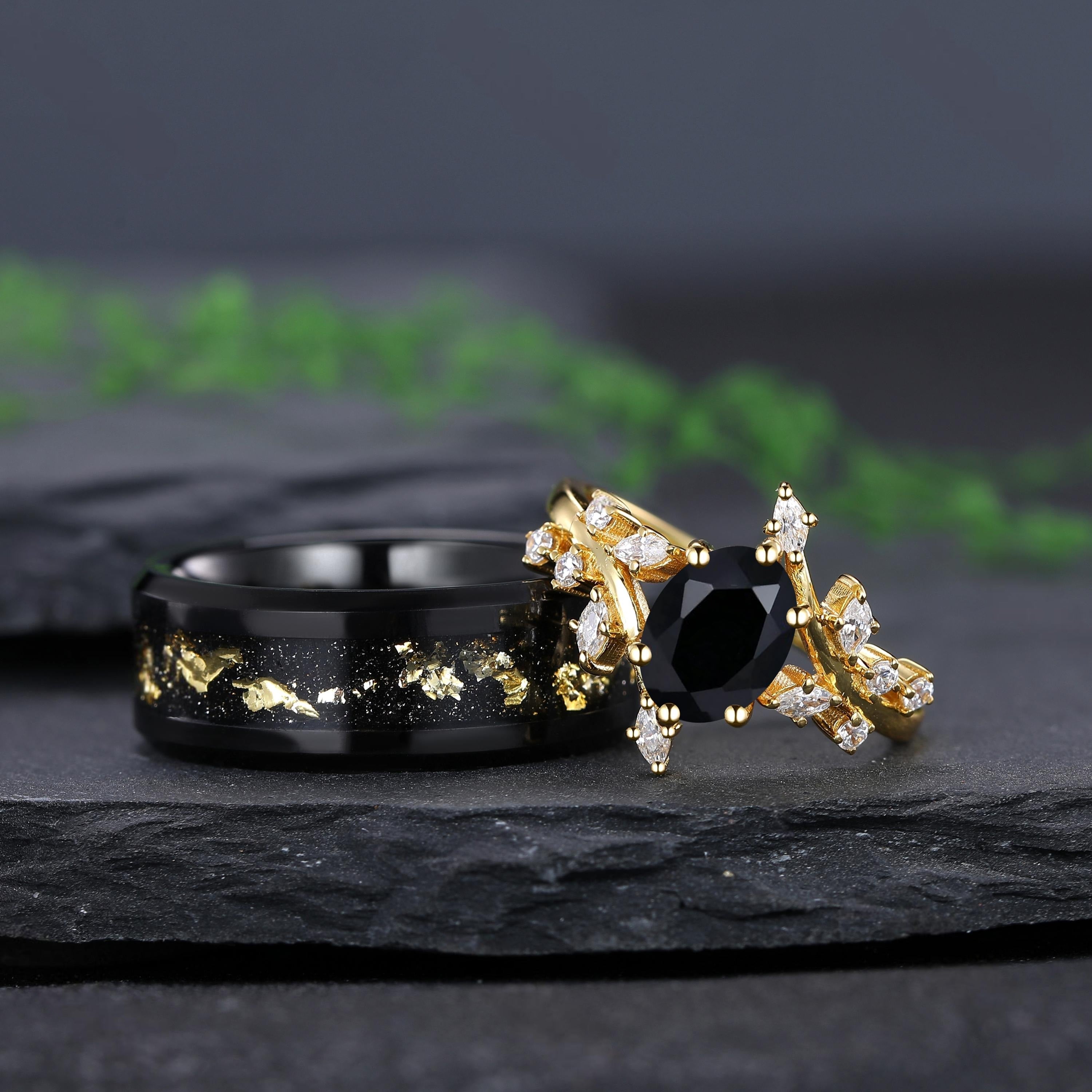 Black Onyx Couple Ring Set Yellow Gold Vintage Art Deco Engagement Ring matching rings - anerjuly