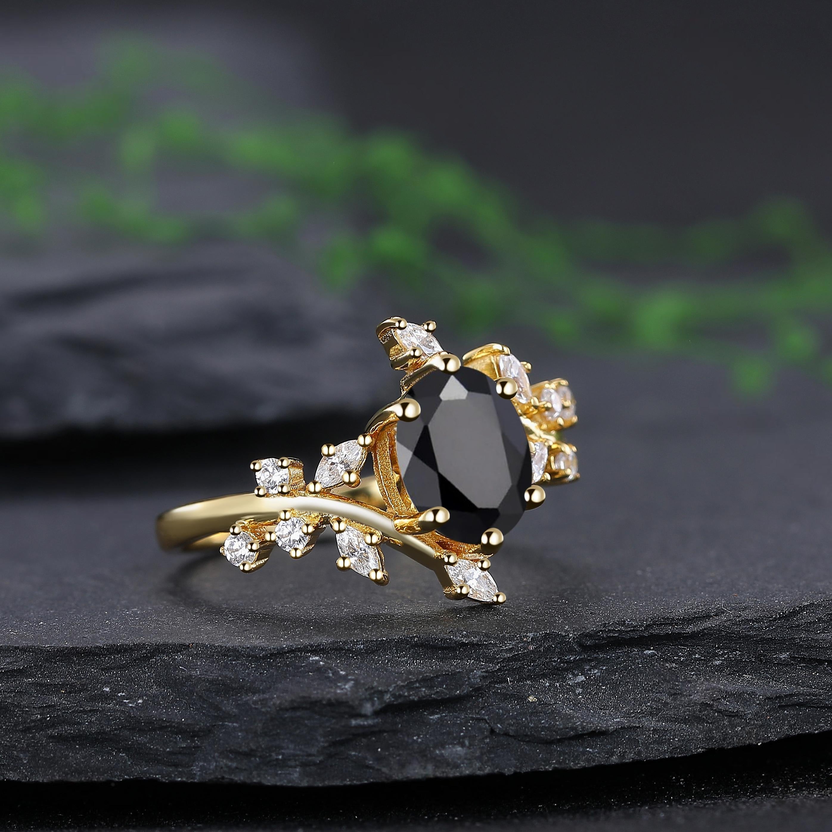Black Onyx Couple Ring Set Yellow Gold Vintage Art Deco Engagement Ring matching rings - anerjuly