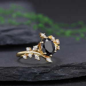 Black Onyx Couple Ring Set Yellow Gold Vintage Art Deco Engagement Ring matching rings - anerjuly