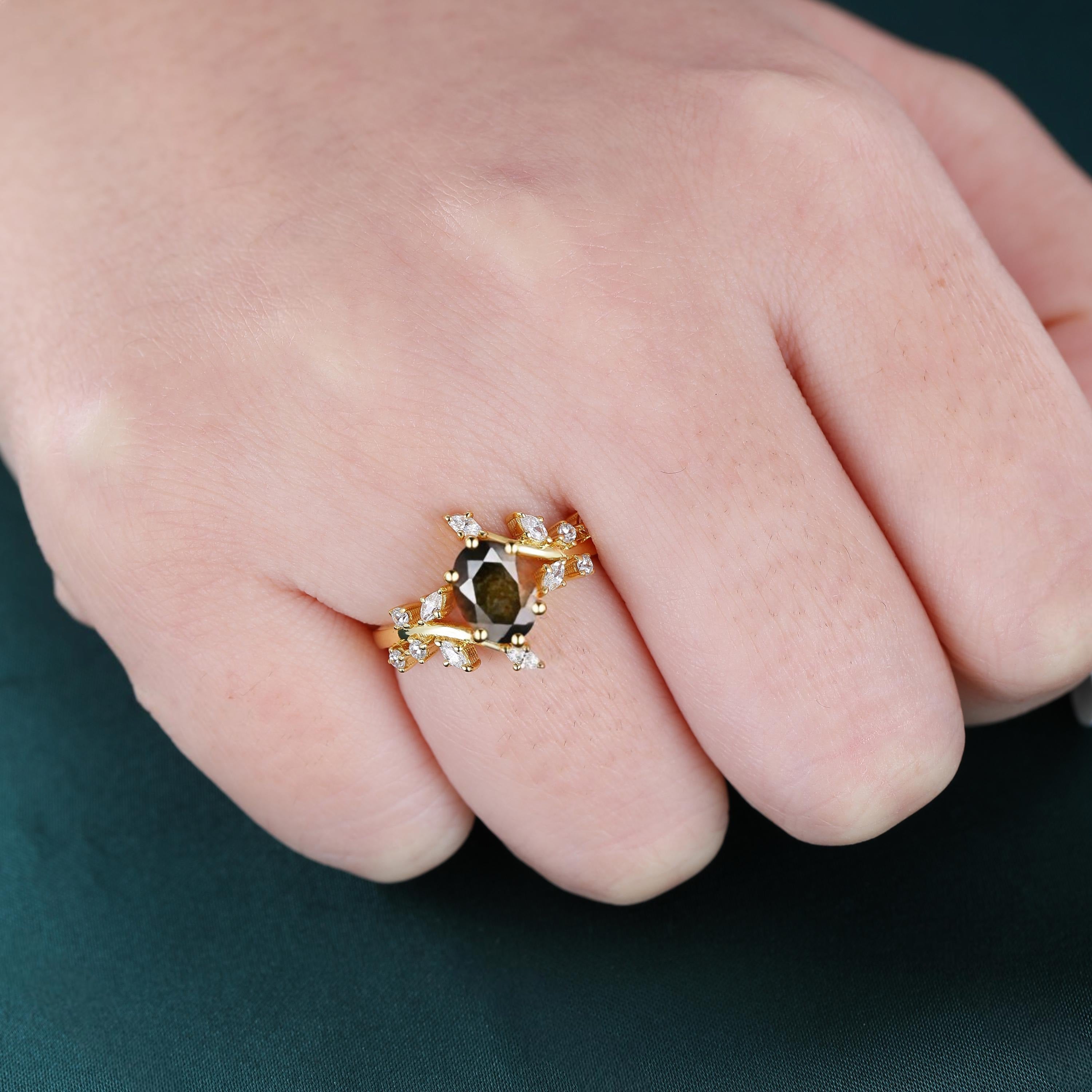 Black Onyx Couple Ring Set Yellow Gold Vintage Art Deco Engagement Ring matching rings - anerjuly