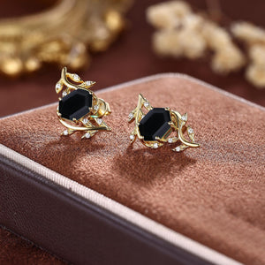 Black Onyx Everyday Vine Leaf Nature Inspired Onyx Studs Earrings - anerjuly