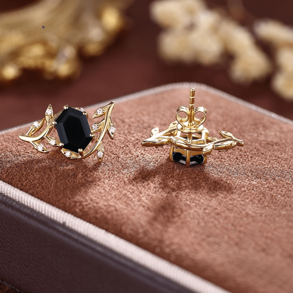 Black Onyx Everyday Vine Leaf Nature Inspired Onyx Studs Earrings - anerjuly