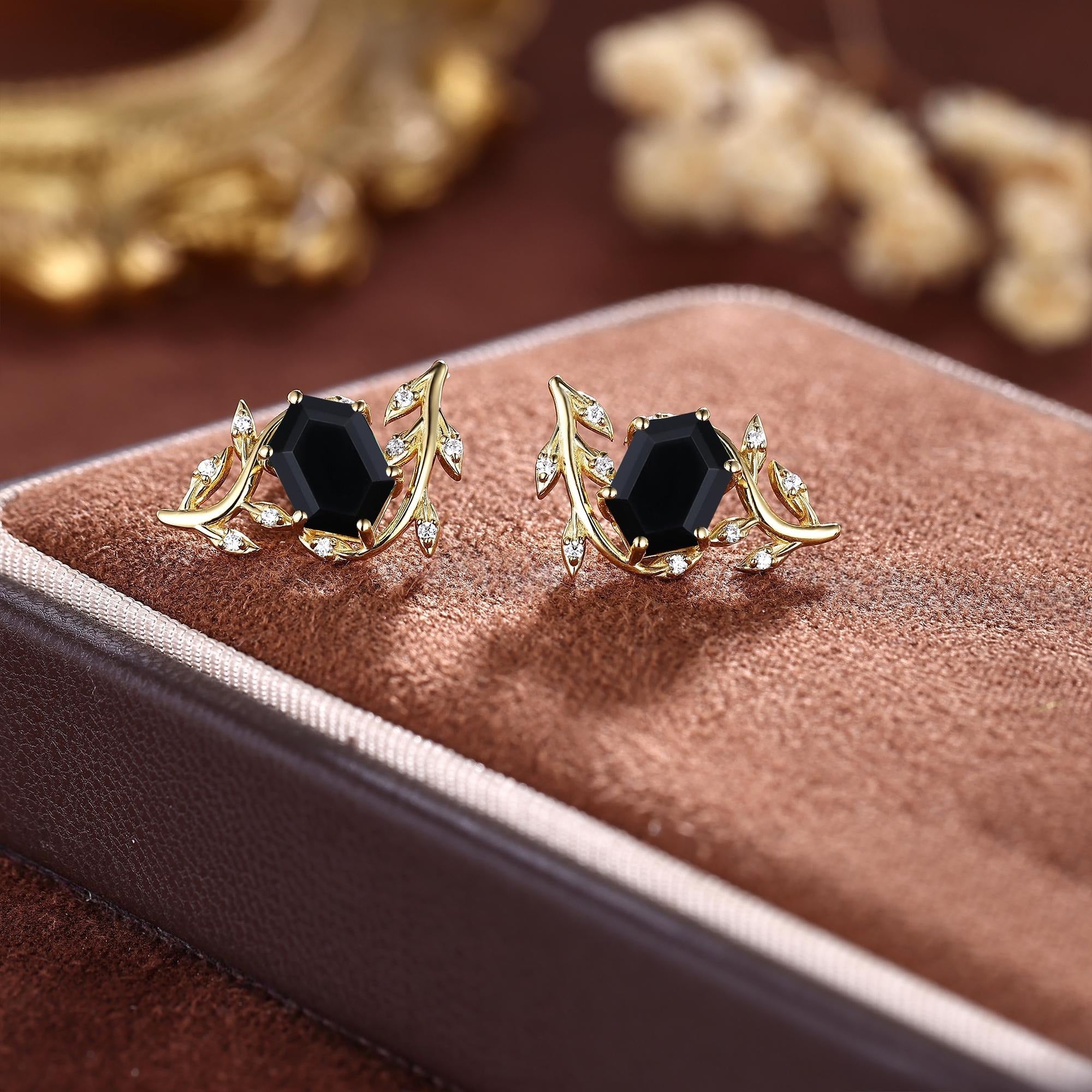 Black Onyx Everyday Vine Leaf Nature Inspired Onyx Studs Earrings - anerjuly