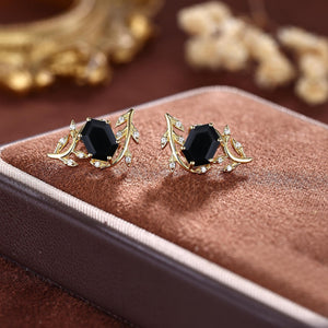 Black Onyx Everyday Vine Leaf Nature Inspired Onyx Studs Earrings - anerjuly