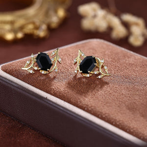 Black Onyx Everyday Vine Leaf Nature Inspired Onyx Studs Earrings - anerjuly