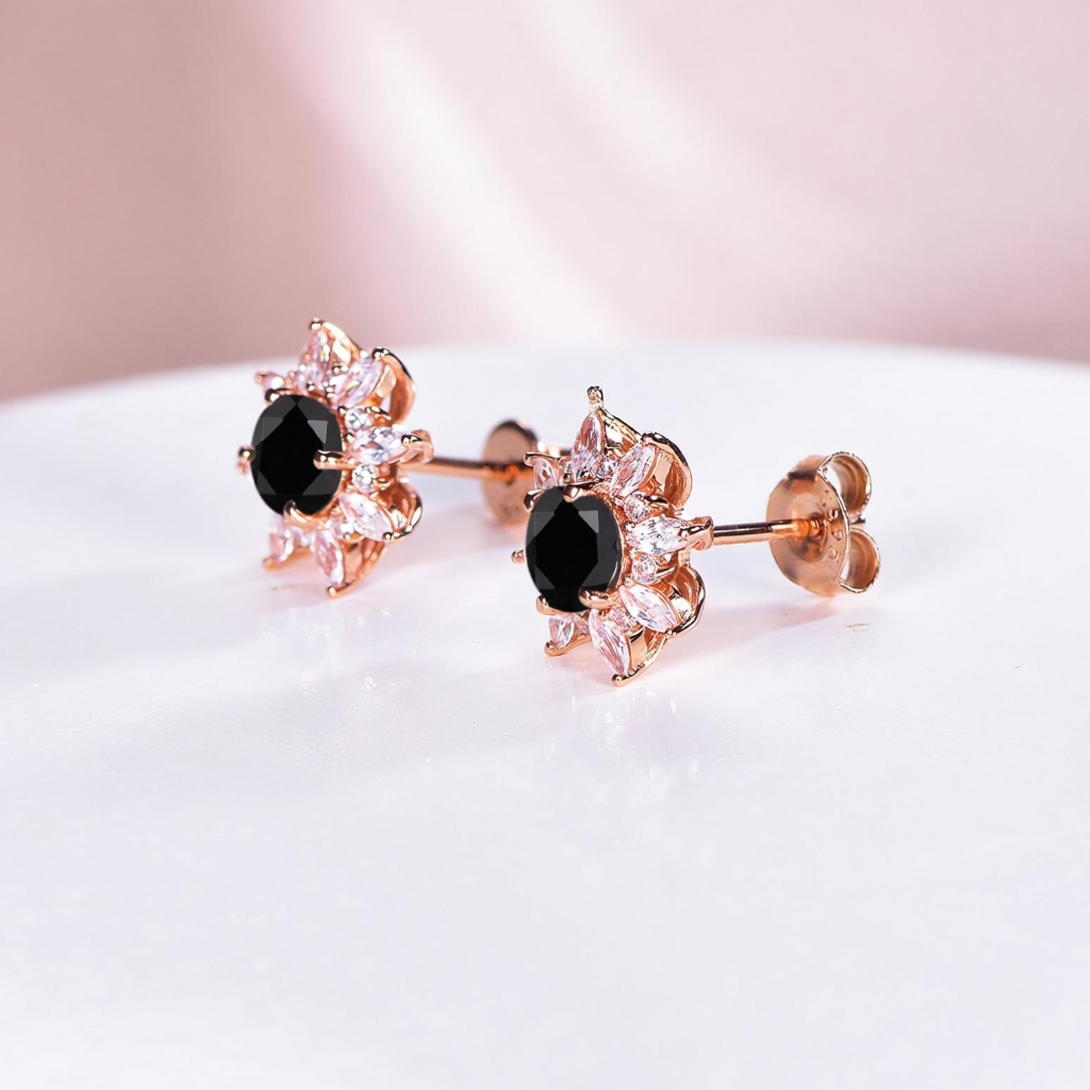 Black Onyx Halo Earrings Everyday Vine Leaf Nature Inspired Onyx Studs Earrings - anerjuly