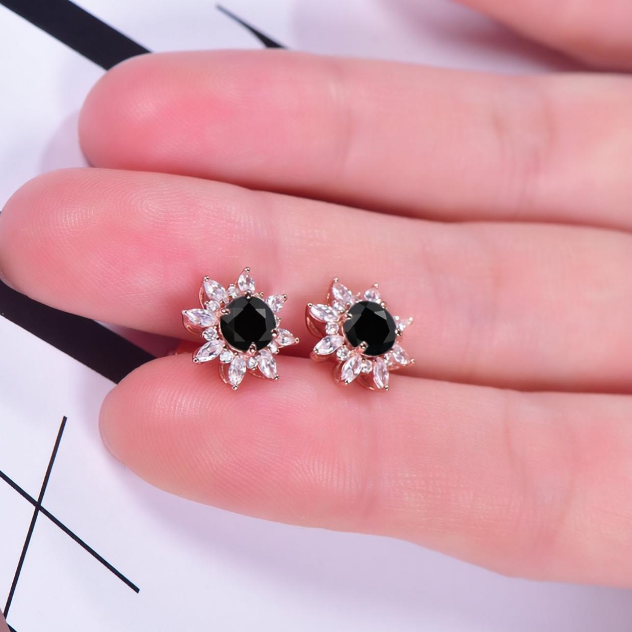 Black Onyx Halo Earrings Everyday Vine Leaf Nature Inspired Onyx Studs Earrings - anerjuly