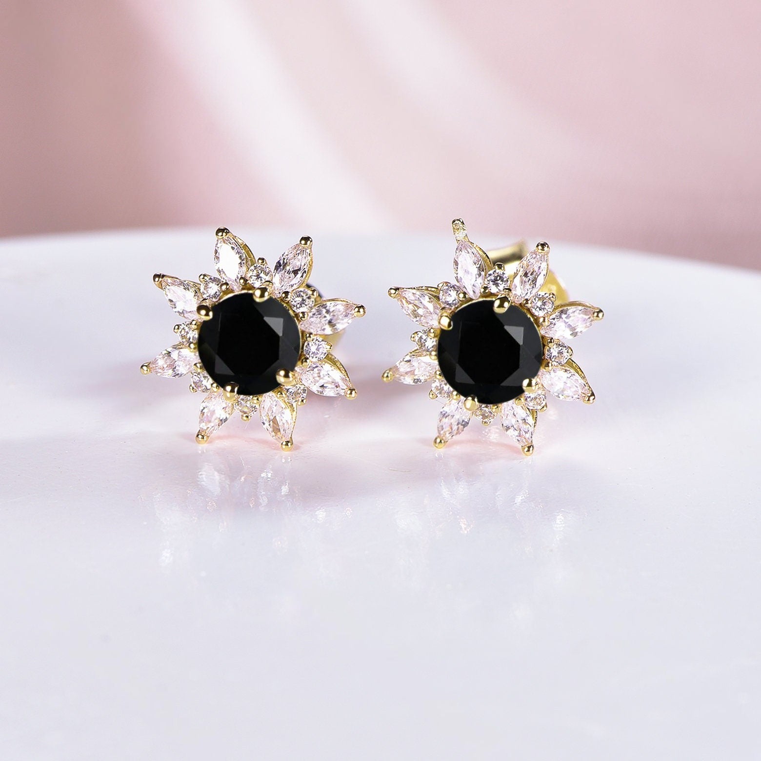 Black Onyx Halo Earrings Everyday Vine Leaf Nature Inspired Onyx Studs Earrings - anerjuly