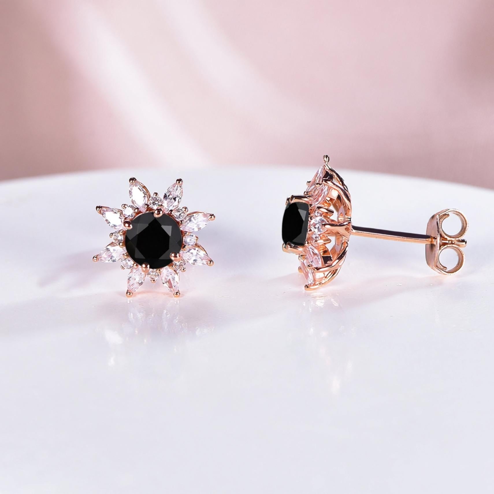 Black Onyx Halo Earrings Everyday Vine Leaf Nature Inspired Onyx Studs Earrings - anerjuly