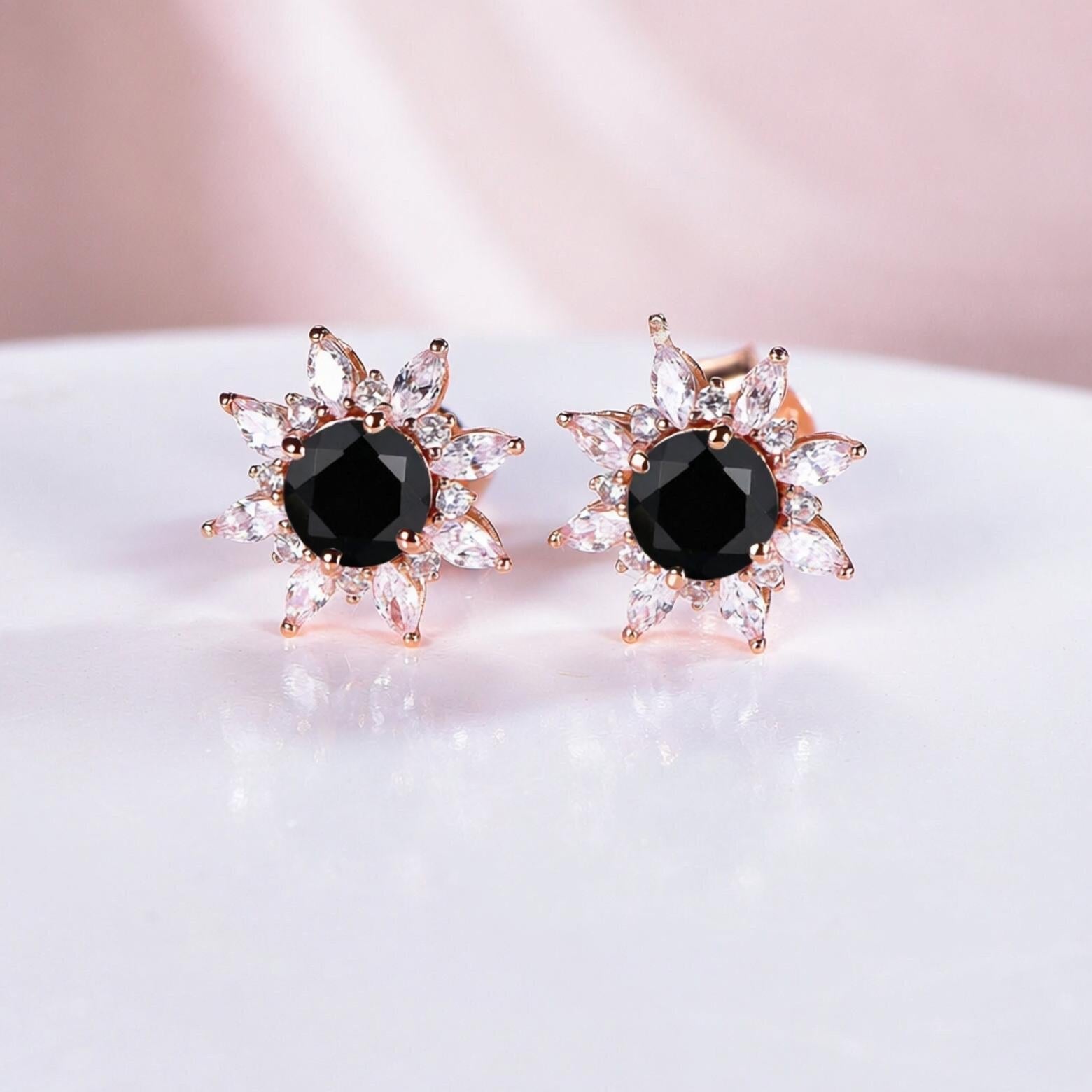 Black Onyx Halo Earrings Everyday Vine Leaf Nature Inspired Onyx Studs Earrings - anerjuly