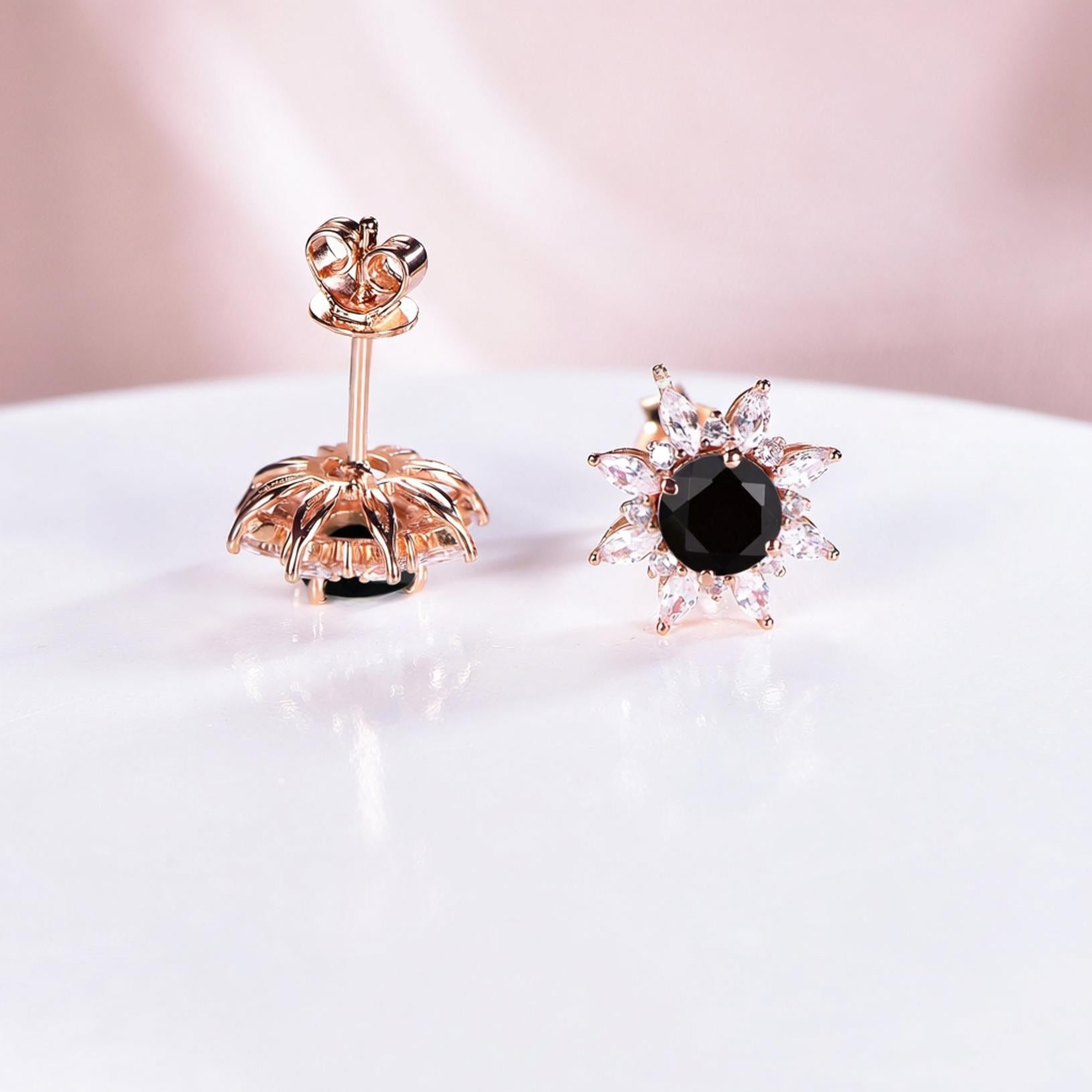 Black Onyx Halo Earrings Everyday Vine Leaf Nature Inspired Onyx Studs Earrings - anerjuly