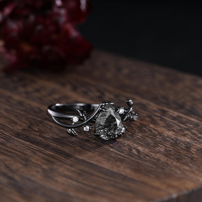 Black Rutilated Quartz Couple Ring Set Gothic His and Her Wedding Band Vintage Art Deco Engagement Ring for Men and Women Leaf Branch Ring - anerjuly