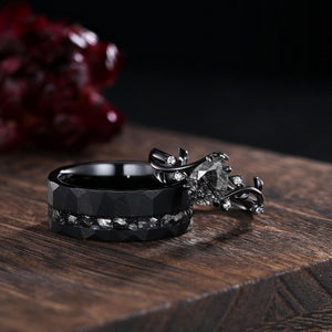 Black Rutilated Quartz Couple Ring Set Gothic His and Her Wedding Band Vintage Art Deco Engagement Ring for Men and Women Leaf Branch Ring - anerjuly