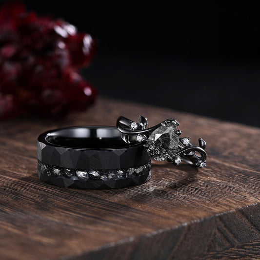 Black Rutilated Quartz Couple Ring Set Gothic His and Her Wedding Band Vintage Art Deco Engagement Ring for Men and Women Leaf Branch Ring - anerjuly