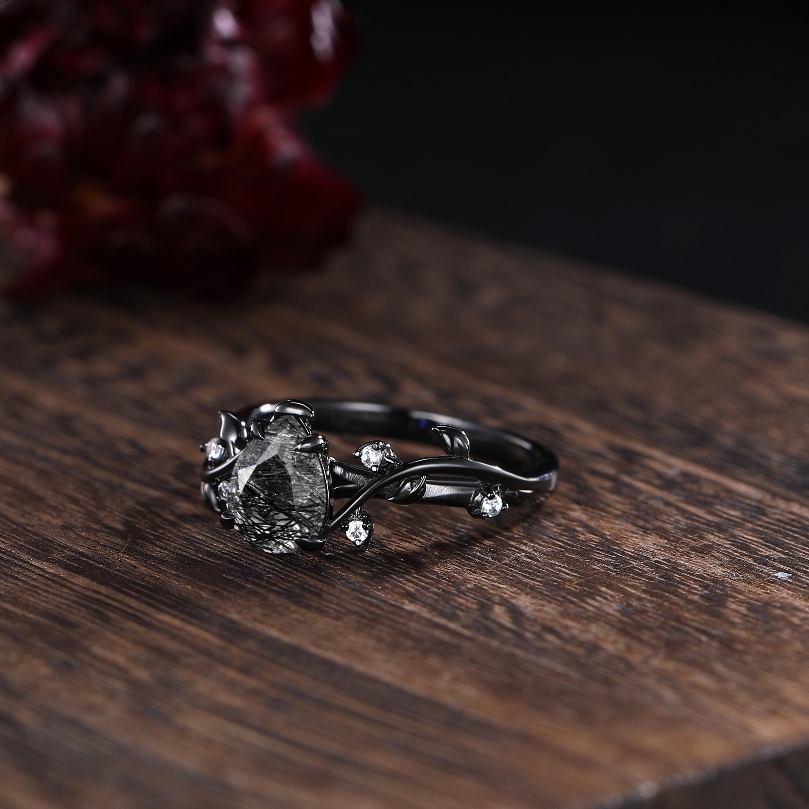 Black Rutilated Quartz Couple Ring Set Gothic His and Her Wedding Band Vintage Art Deco Engagement Ring for Men and Women Leaf Branch Ring - anerjuly