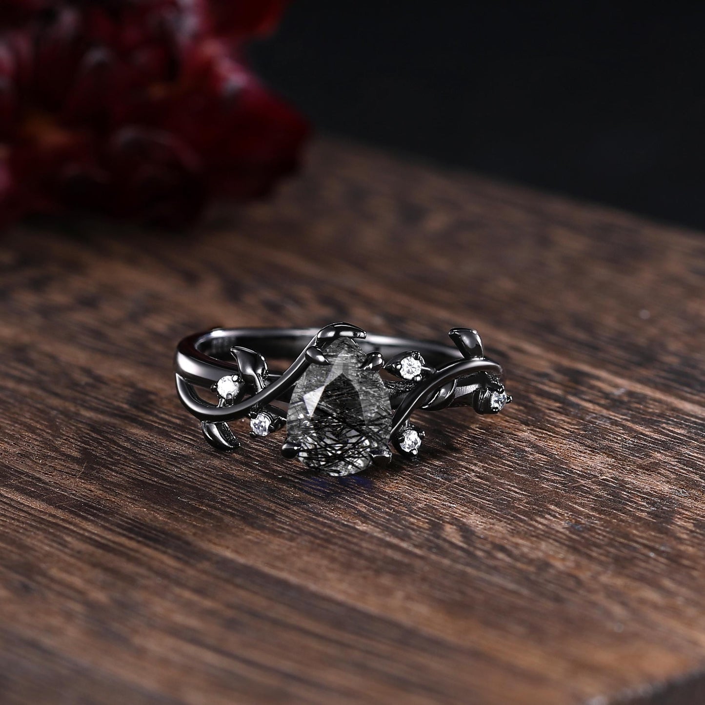 Black Rutilated Quartz Couple Ring Set Gothic His and Her Wedding Band Vintage Art Deco Engagement Ring for Men and Women Leaf Branch Ring - anerjuly