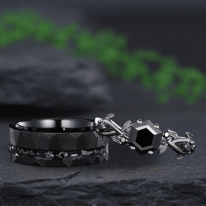 Black Rutilated Quartz Couple Ring Set His and Her Vintage Art Deco Engagement Ring - anerjuly