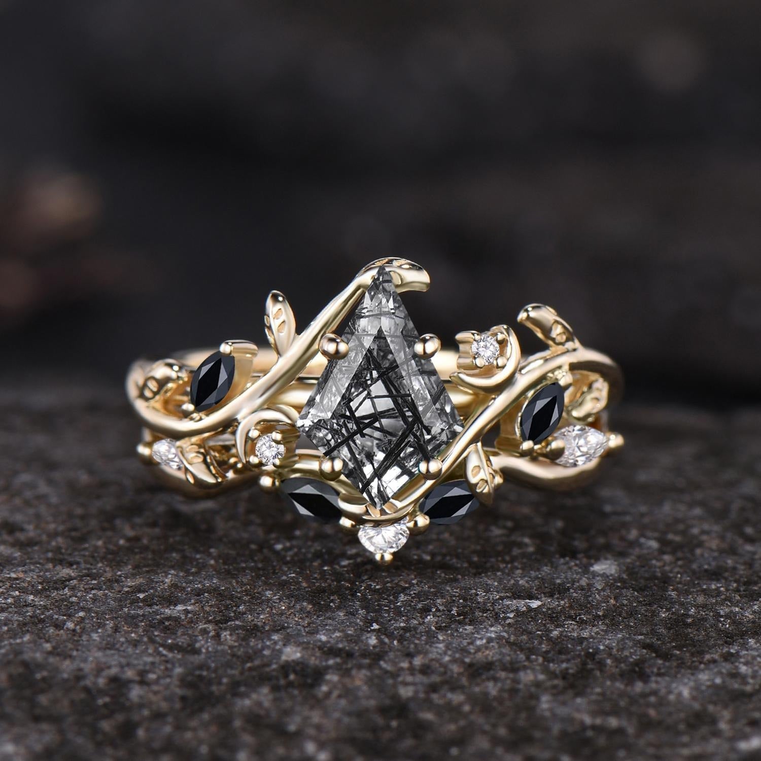 Black Rutilated Quartz Couple Ring Set His and Her Vintage Art Deco Engagement Ring for Leaf Branch Ring - anerjuly