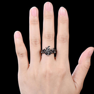 Black Rutilated Quartz Couple Ring Set His and Her Vintage Art Deco Engagement Ring for Leaf Branch Ring - anerjuly