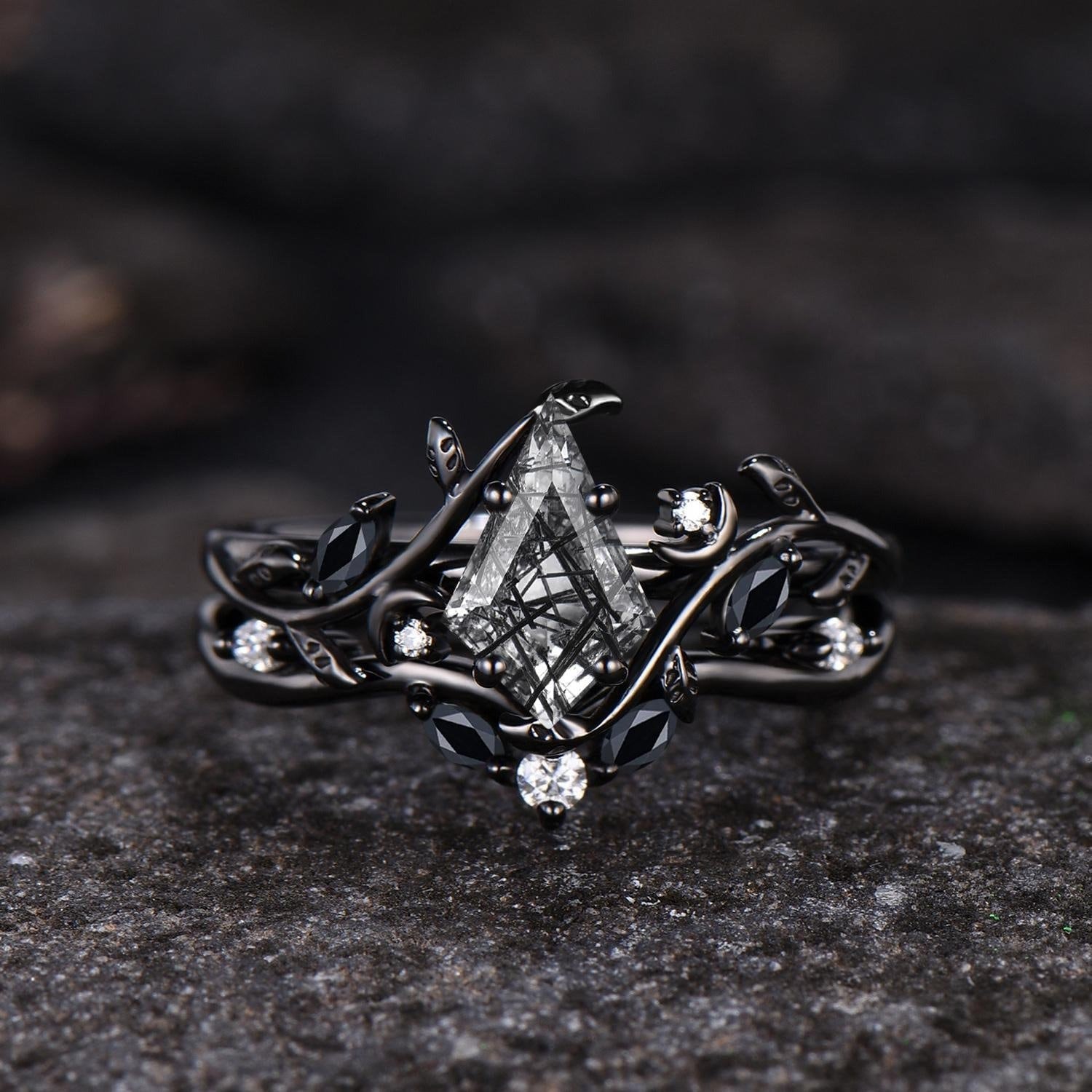 Black Rutilated Quartz Couple Ring Set His and Her Vintage Art Deco Engagement Ring for Leaf Branch Ring - anerjuly