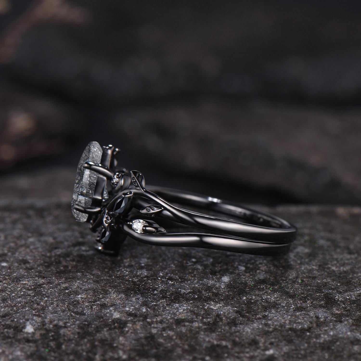 Black Rutilated Quartz Couple Ring Set His and Her Vintage Art Deco Engagement Ring for Leaf Branch Ring - anerjuly