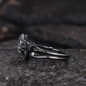 Black Rutilated Quartz Couple Ring Set His and Her Vintage Art Deco Engagement Ring for Leaf Branch Ring - anerjuly