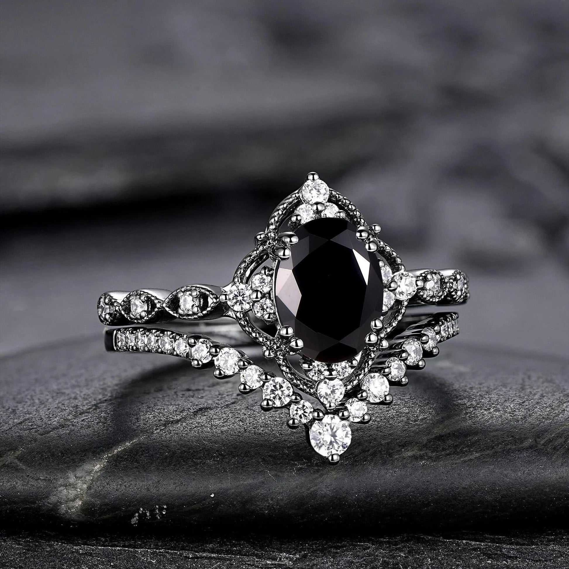 Black Rutilated Quartz Couple Ring Set His and Her Wedding Band Vintage Art Deco Engagement Ring - anerjuly