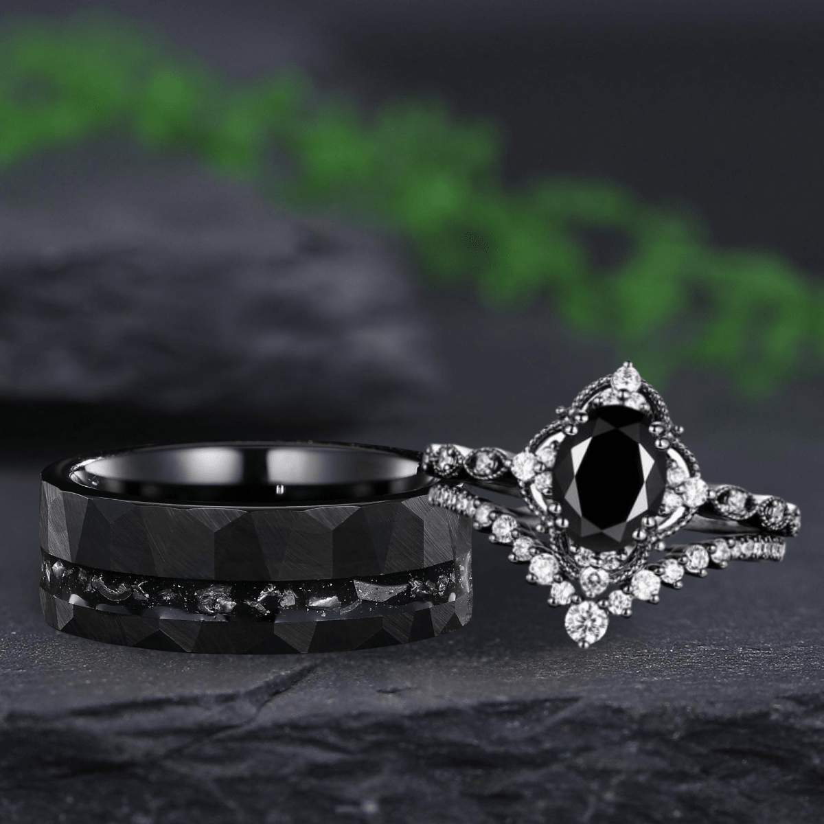 Black Rutilated Quartz Couple Ring Set His and Her Wedding Band Vintage Art Deco Engagement Ring - anerjuly