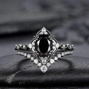 Black Rutilated Quartz Couple Ring Set His and Her Wedding Band Vintage Art Deco Engagement Ring - anerjuly
