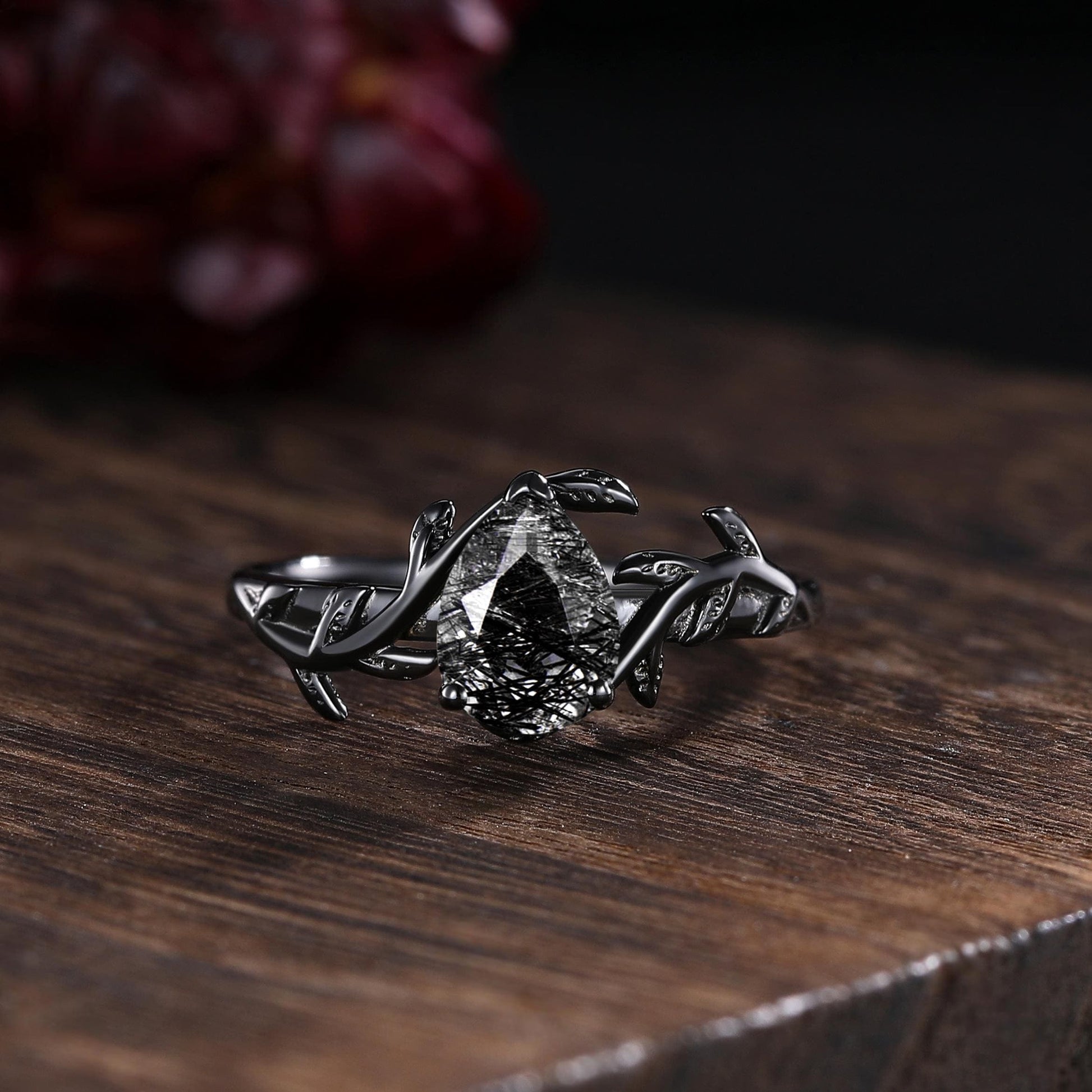 Black Rutilated Quartz Couple Ring Set His and Her Wedding Band Vintage Art Deco Engagement Ring for Men and Women Leaf Branch Ring - anerjuly