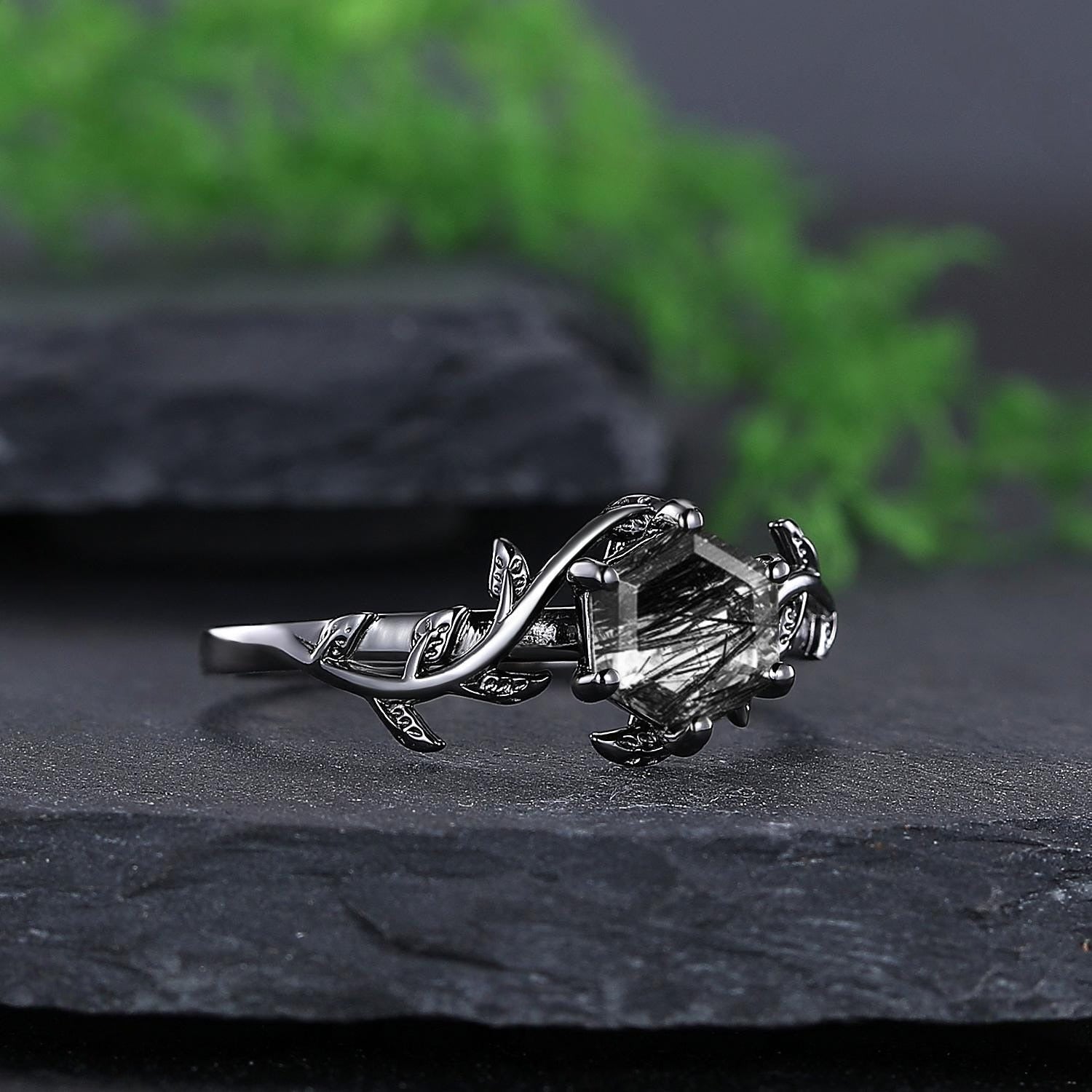 Black Rutilated Quartz Couple Ring Set His and Her Wedding Band Vintage Art Deco Engagement Ring for Men and Women Leaf Branch Ring - anerjuly