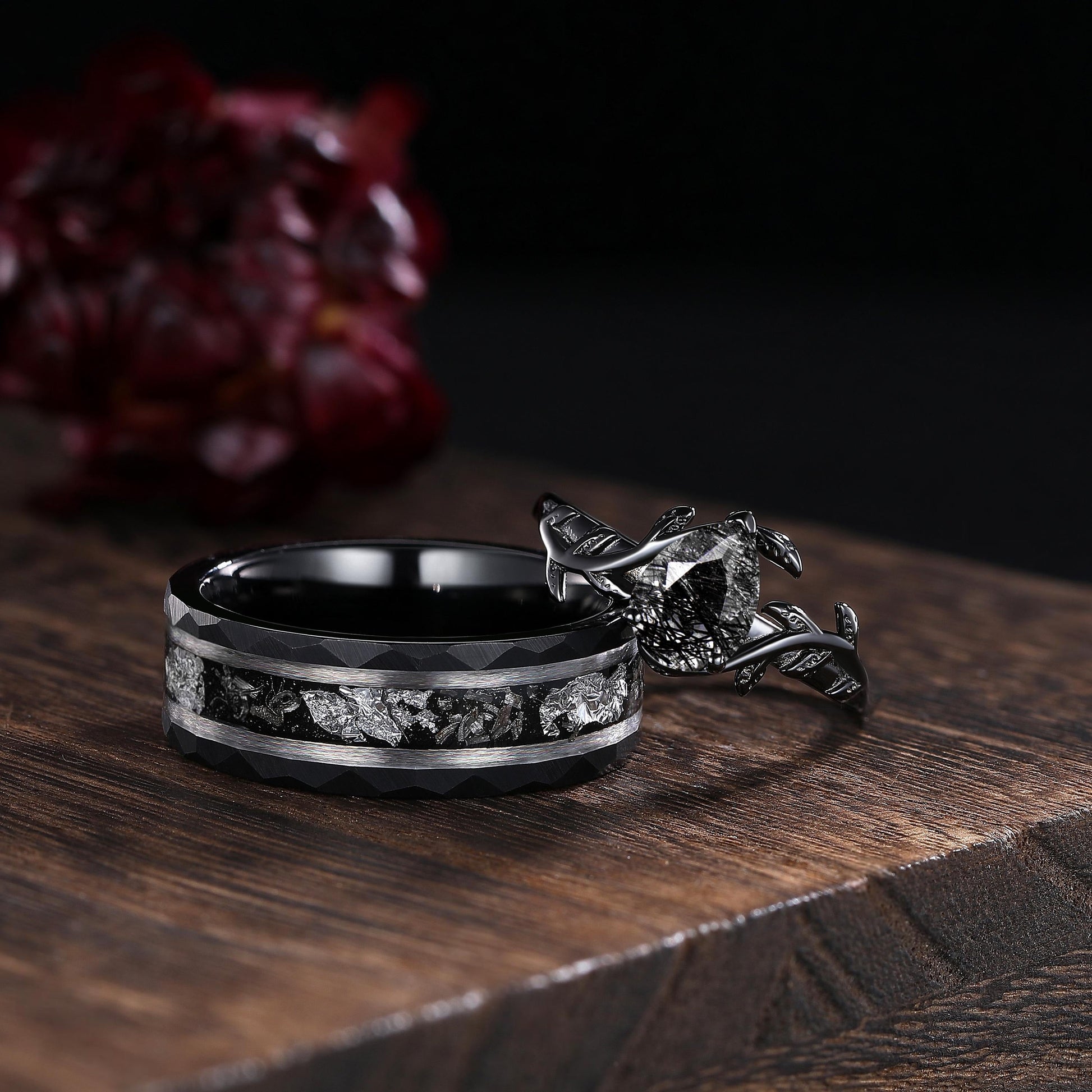 Black Rutilated Quartz Couple Ring Set His and Her Wedding Band Vintage Art Deco Engagement Ring for Men and Women Leaf Branch Ring - anerjuly