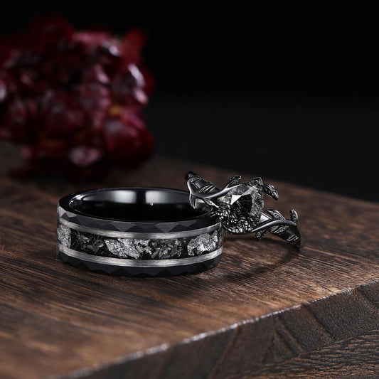 Black Rutilated Quartz Couple Ring Set His and Her Wedding Band Vintage Art Deco Engagement Ring for Men and Women Leaf Branch Ring - anerjuly