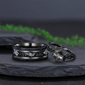 Black Rutilated Quartz Couple Ring Set His and Her Wedding Band Vintage Art Deco Engagement Ring for Men and Women Leaf Branch Ring - anerjuly