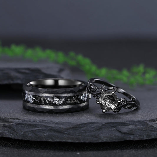 Black Rutilated Quartz Couple Ring Set His and Her Wedding Band Vintage Art Deco Engagement Ring for Men and Women Leaf Branch Ring - anerjuly