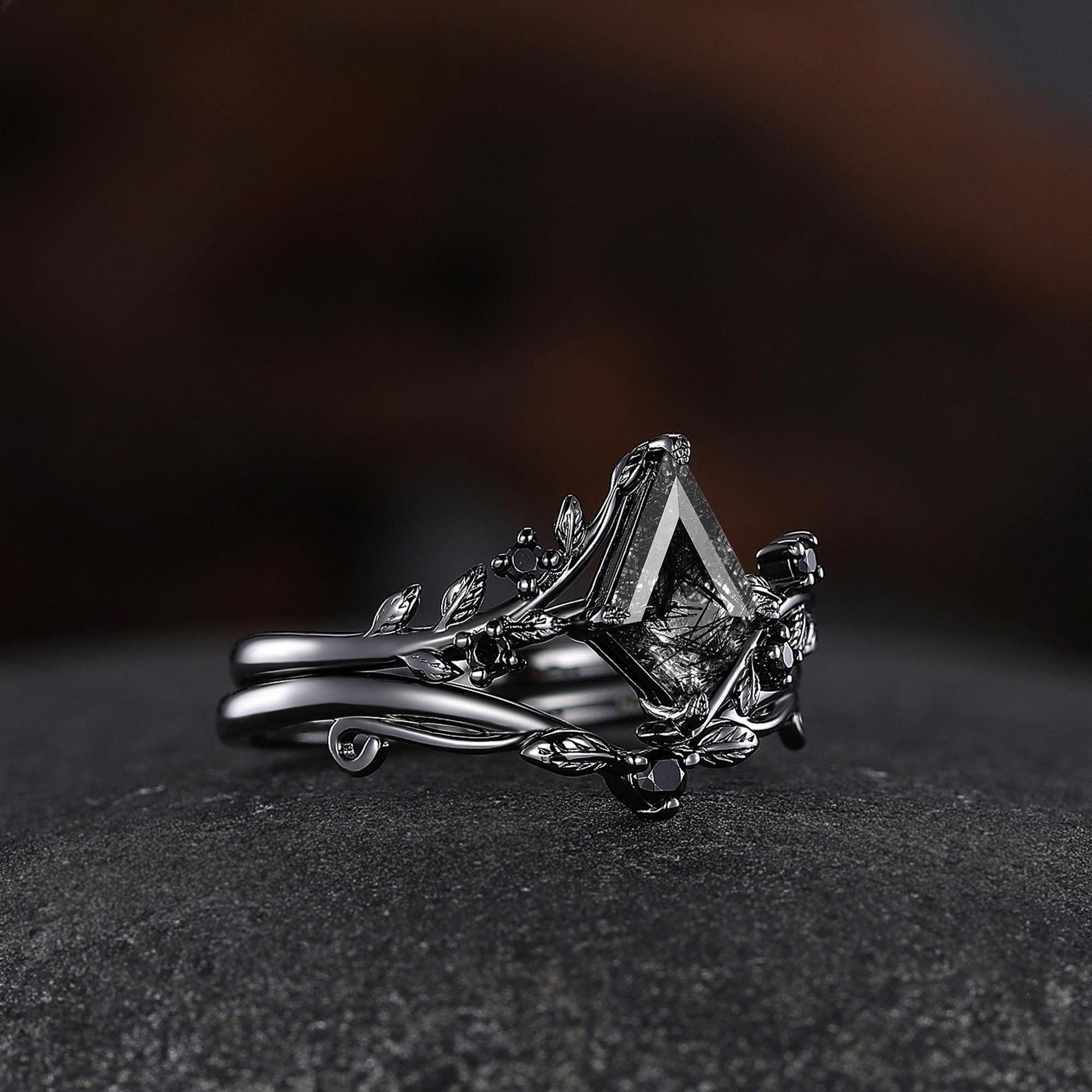 Black Rutilated Quartz Couple Ring Set His and Her Wedding Band Vintage Art Deco Engagement Ring for Men and Women Ring - anerjuly