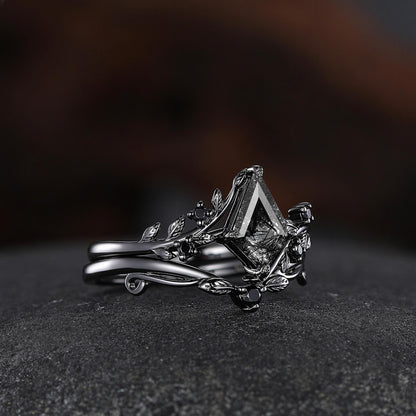 Black Rutilated Quartz Couple Ring Set His and Her Wedding Band Vintage Art Deco Engagement Ring for Men and Women Ring - anerjuly