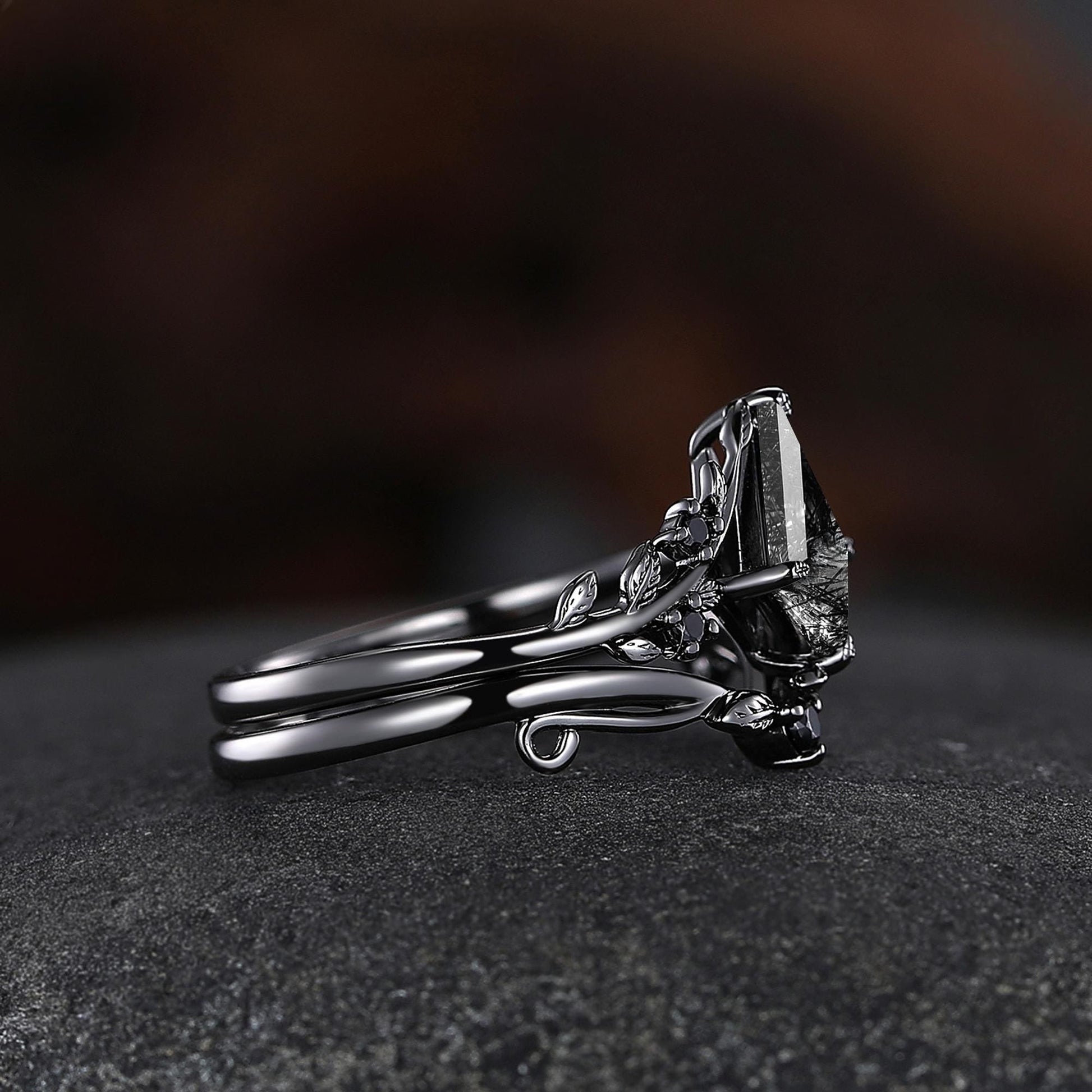 Black Rutilated Quartz Couple Ring Set His and Her Wedding Band Vintage Art Deco Engagement Ring for Men and Women Ring - anerjuly