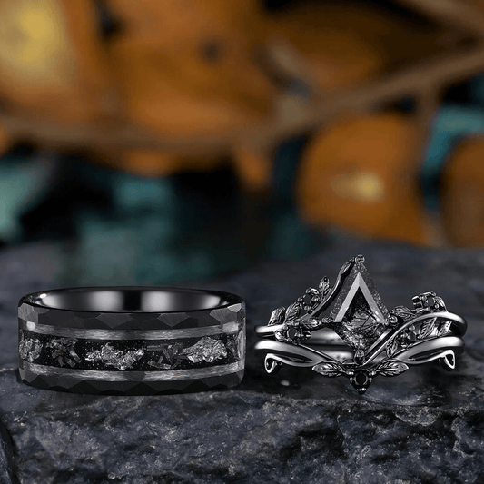 Black Rutilated Quartz Couple Ring Set His and Her Wedding Band Vintage Art Deco Engagement Ring for Men and Women Ring - anerjuly