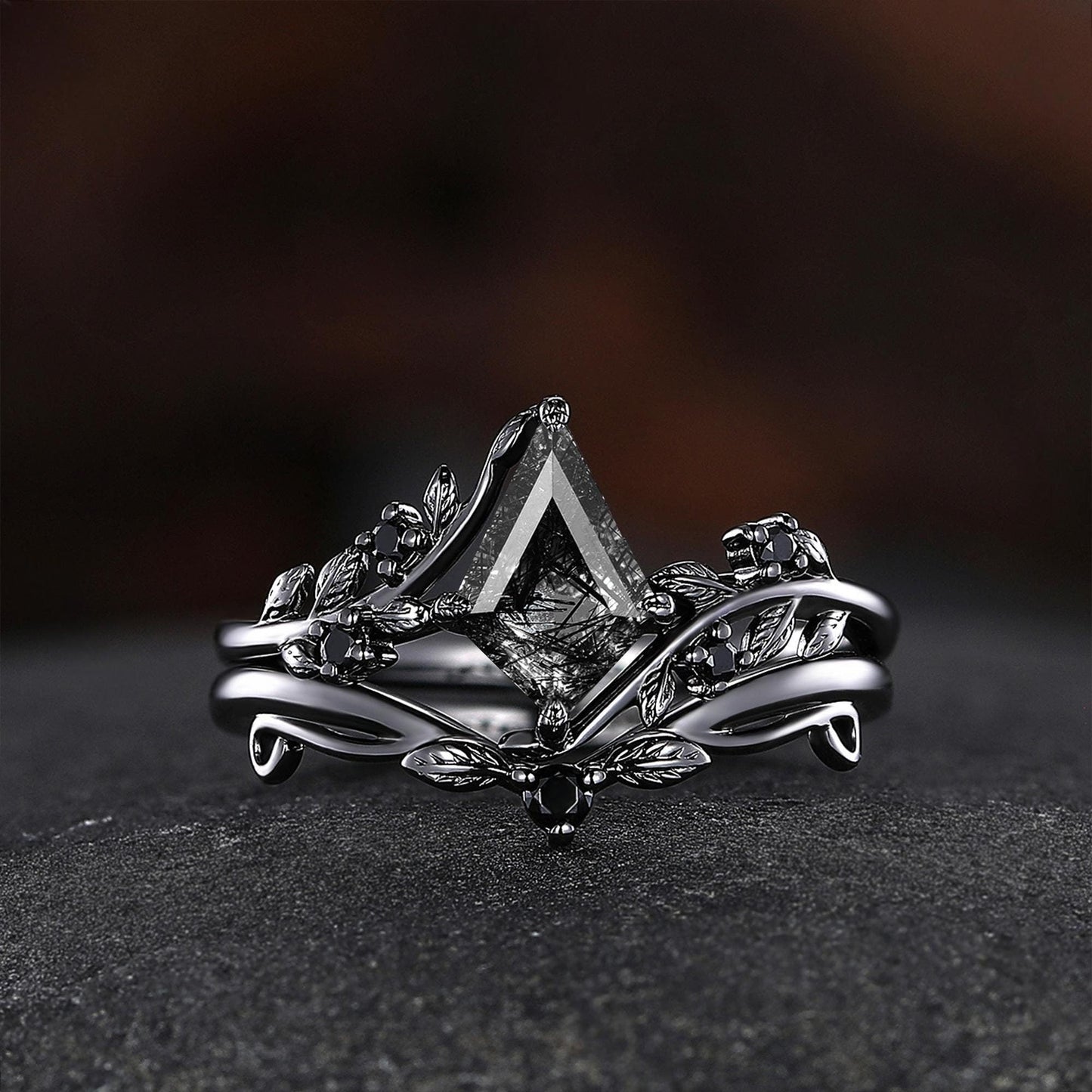 Black Rutilated Quartz Couple Ring Set His and Her Wedding Band Vintage Art Deco Engagement Ring for Men and Women Ring - anerjuly