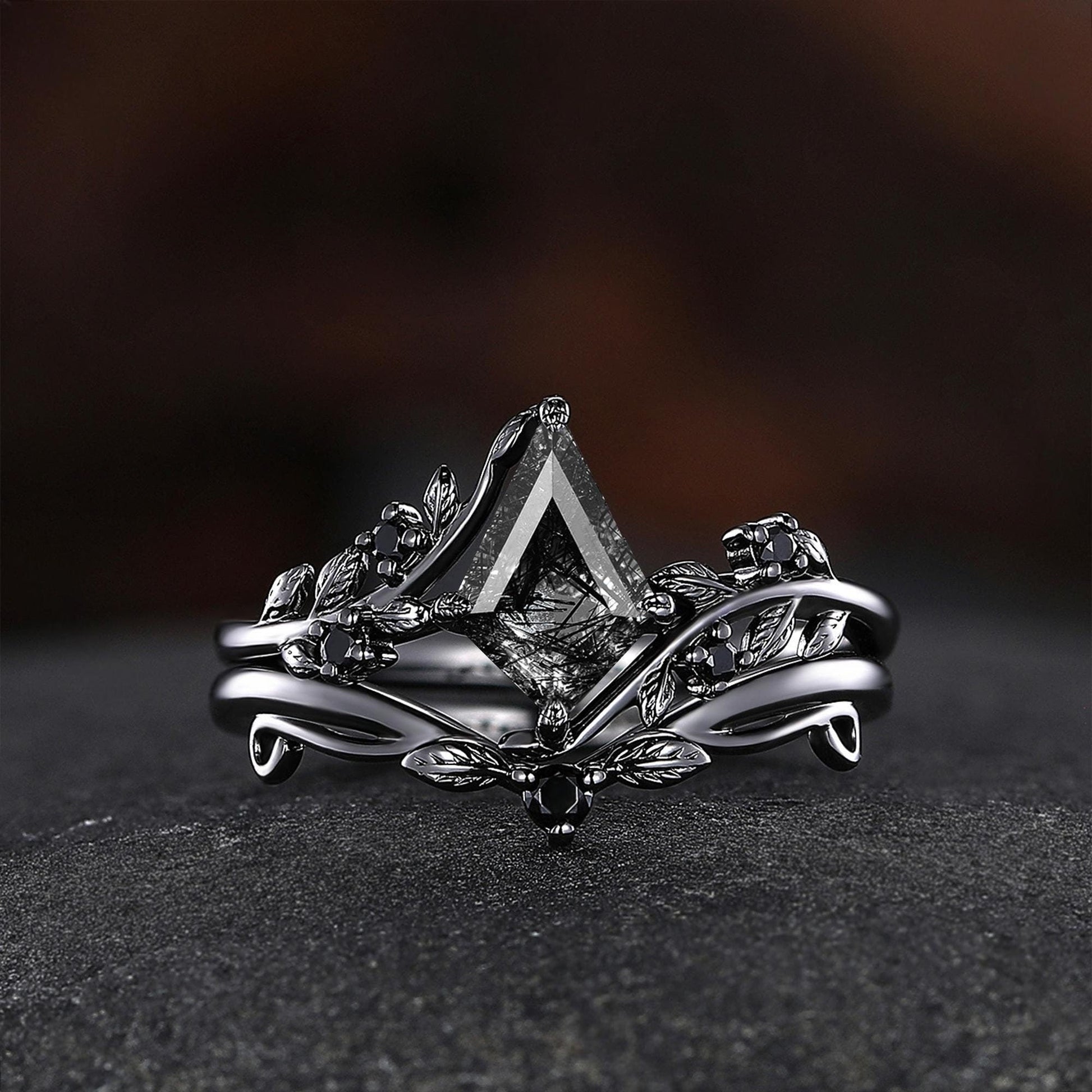 Black Rutilated Quartz Couple Ring Set His and Her Wedding Band Vintage Art Deco Engagement Ring for Men and Women Ring - anerjuly